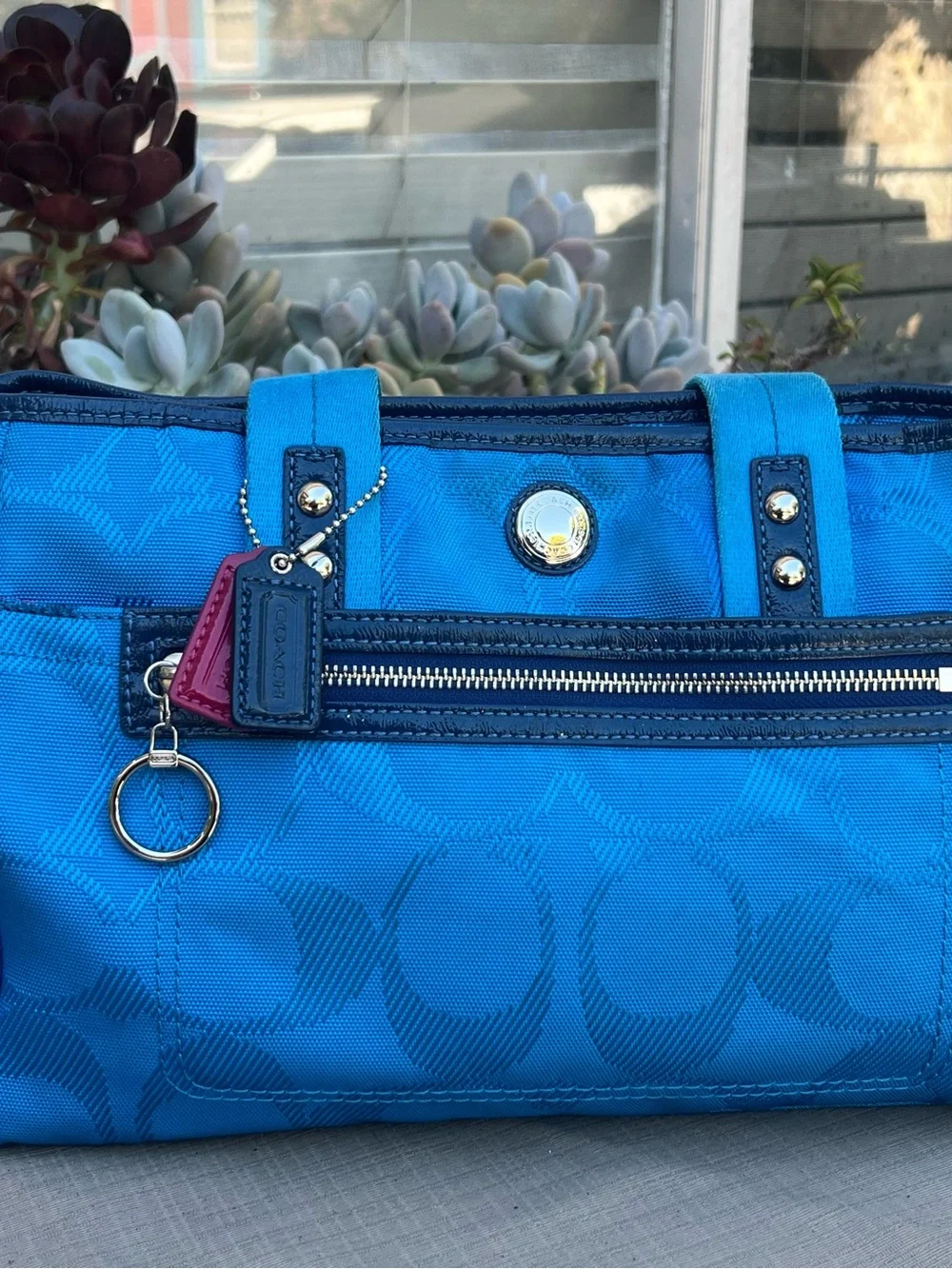 Coach Bright Blue Signature Canvas Tote with Navy Trim
